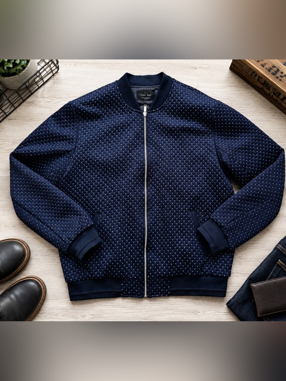 Zara Navy Quilted Bomber Jacket